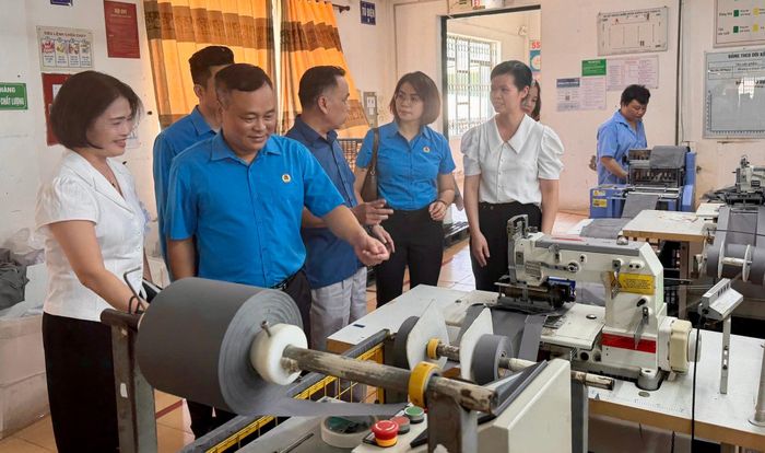 Lãnh đạo Công đoàn phường Ô Chợ Dừa khảo sát tình hình sản xuất, nắm bắt tâm tư, nguyện vọng của người lao động tại doanh nghiệp trên địa bàn. Ảnh: Võ Giang
