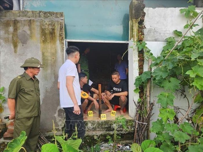 Các đối tượng: Hoàng Văn Dương (sinh năm 1997), trú tại số 081 đường Hoàng Quốc Việt, phường Cam Đường và Lê Thanh Tùng (sinh năm 1997), trú tại tổ dân phố số 2, phường Xuân Đỉnh, thành phố Hà Nội, tại hiện trường vụ án. Ảnh: TTXVN.