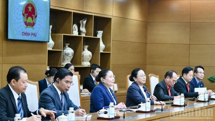 Đoàn đại biểu Ban Tổ chức Trung ương Đảng Nhân dân Cách mạng Lào tham dự buổi tiếp. (Ảnh: THANH GIANG)