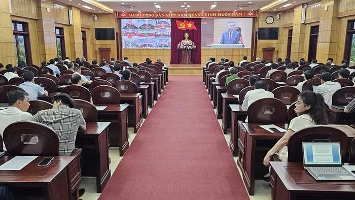 Quang cảnh hội nghị tại điểm cầu Tỉnh ủy Thanh Hóa.