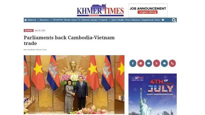 Bài viết của Khmer Times về hợp tác nghị viện Campuchia-Việt Nam. (Ảnh chụp màn hình)