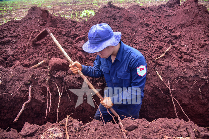 Cán bộ, chiến sĩ Đội K72 (Bộ CHQS TP Đồng Nai) thực hiện nhiệm vụ tìm kiếm, quy tập hài cốt liệt sĩ tại xã Minh Đức. 