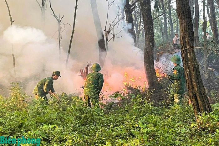 Cán bộ, chiến sĩ Đồn Biên phòng cửa khẩu cảng Cửa Lò-Bến Thủy, Bộ đội Biên phòng tỉnh Nghệ An và các lực lượng tiếp cận, dập tắt đám cháy tại khu vực bãi rác thuộc xóm La Nham, xã Hải Lộc. Ảnh: Lê Thạch