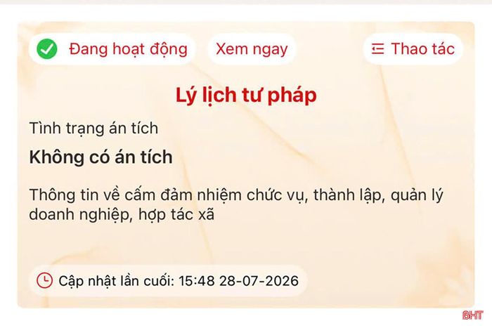 Hiện nay, thông tin lý lịch tư pháp được tích hợp trên VNeID có giá trị pháp lý tương đương bản giấy.