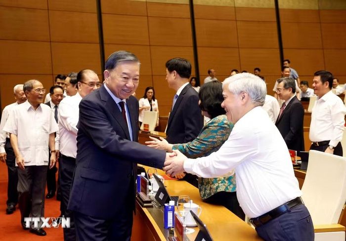 Tổng Bí thư, Chủ tịch nước Tô Lâm và các đại biểu dự hội nghị tại điểm cầu trung tâm - Hội trường Diên Hồng, Nhà Quốc hội (Hà Nội). (Ảnh: Thống Nhất/TTXVN)