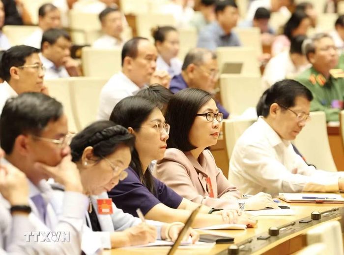 Đại biểu dự hội nghị tại điểm cầu trung tâm - Hội trường Diên Hồng, Nhà Quốc hội (Hà Nội). (Ảnh: Phương Hoa/TTXVN)
