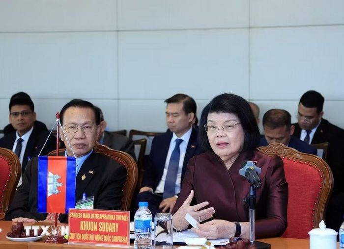 Chủ tịch Quốc hội Campuchia Samdech Khuon Sudary phát biểu. (Ảnh: Tuấn Anh/TTXVN)