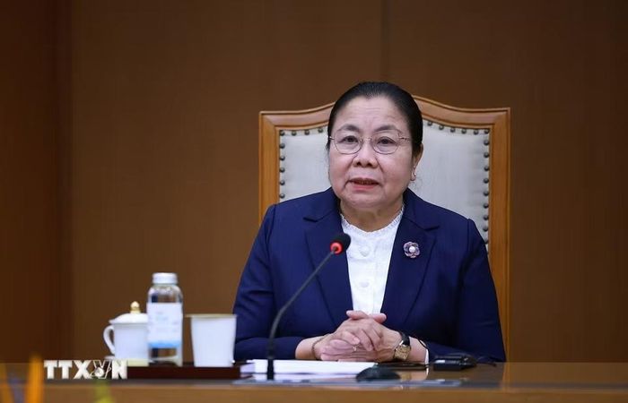 Đồng chí Sisay Leudetmounsone, Trưởng Ban Tổ chức Trung ương Đảng Nhân dân Cách mạng Lào phát biểu. (Ảnh: Dương Giang/TTXVN)