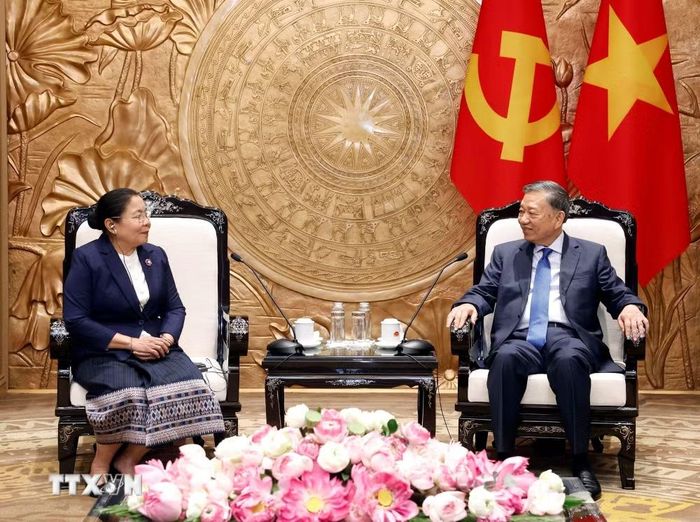 Tổng Bí thư, Chủ tịch nước Tô Lâm tiếp Trưởng Ban Tổ chức Trung ương Đảng Nhân dân Cách mạng Lào Sisay Leudetmounsone. (Ảnh: Thống Nhất/TTXVN)