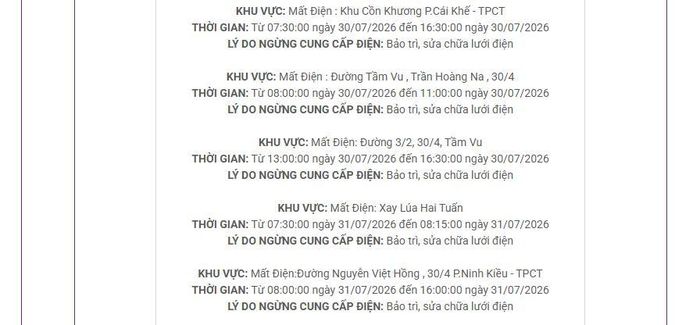 Lịch cắt điện Cần Thơ cập nhật tại Điện lực miền Nam. Ảnh: BNEWS