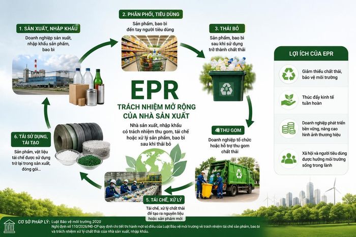 Minh họa mô hình trách nhiệm mở rộng của nhà sản xuất (EPR), trong đó doanh nghiệp có trách nhiệm thu gom, tái chế và xử lý sản phẩm, bao bì sau sử dụng.