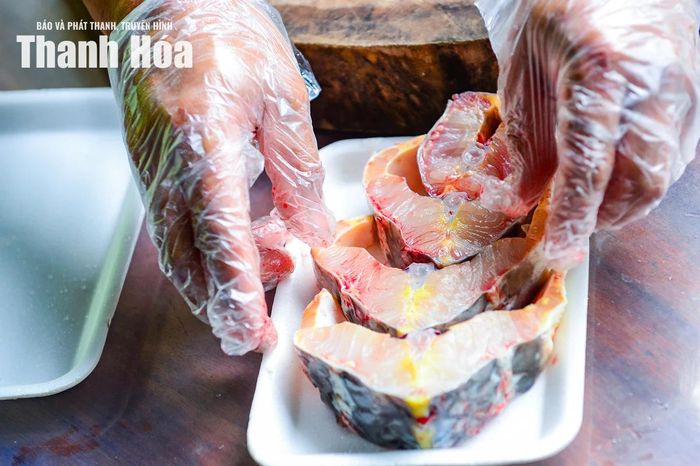 Những khúc cá tầm săn chắc, tươi rói được xếp gọn gàng vào khay – bước chuẩn bị quan trọng để nâng cao giá trị và tính chuyên nghiệp cho sản phẩm OCOP 3 sao.