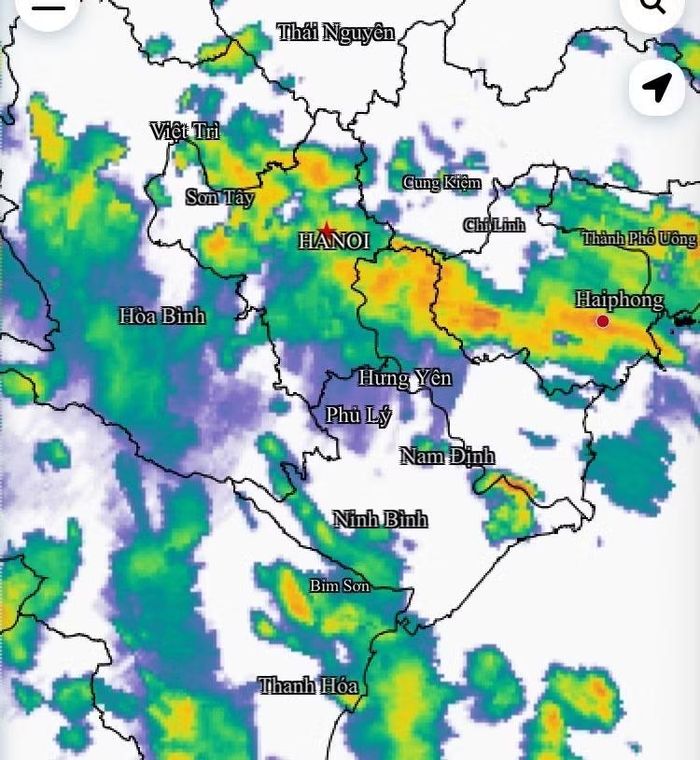 Các ổ mưa dông bao phủ từ Bắc Trung bộ lên đồng bằng Bắc bộ, ảnh radar thời tiết lúc 6 giờ ngày 29-7. Ảnh chụp màn hình