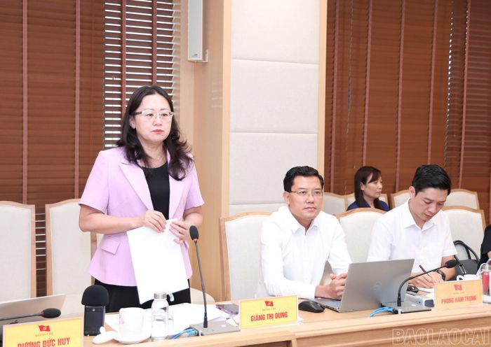Đồng chí Giàng Thị Dung - Phó Bí thư Tỉnh ủy, Trưởng Đoàn đại biểu Quốc hội tỉnh phát biểu tại buổi làm việc.