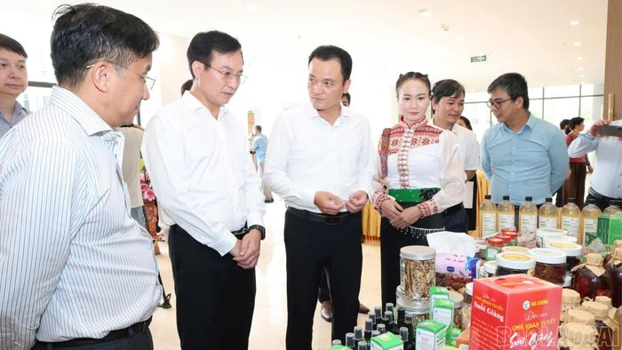 Các đại biểu tham quan những gian hàng trưng bày sản phẩm khoa học, công nghệ và sản phẩm OCOP tại Trung tâm Hội nghị tỉnh Lào Cai.