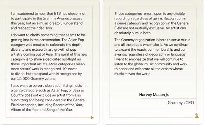 Chủ tịch kiêm CEO của Recording Academy - Harvey Mason Jr., đã lên tiếng giải thích