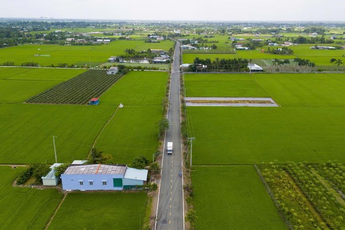  Con đường Huỳnh Văn Đảnh tại xã Vàm Cỏ được xây dựng khang trang, xung quanh là cánh đồng rộng lớn. Ảnh: Quỳnh Danh. 
