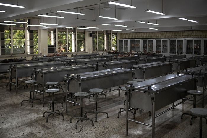  Phòng giải phẫu sau một buổi học của sinh viên. Thi hài được hạ vào hòm bảo quản. 