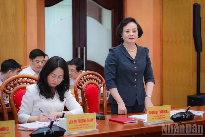 Đồng chí Phạm Thị Thanh Trà phát biểu tại buổi làm việc. (Ảnh: BẢO LONG)