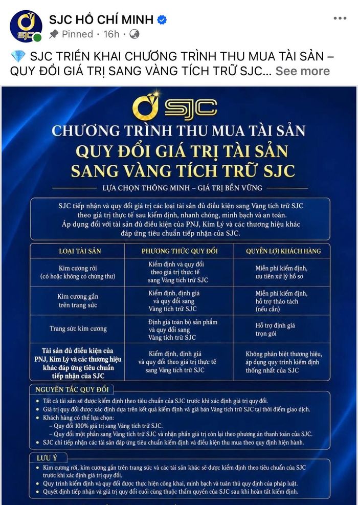  Fanpage giả mạo mang tên "SJC Hồ Chí Minh" có dấu tick xanh đăng tải thông tin về chương trình thu mua kim cương và trang sức không đúng sự thật 