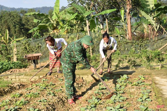 BĐBP Bản Giàng hướng dẫn đồng bào dân tộc Chứt sản xuất rau xanh trong vườn hộ.