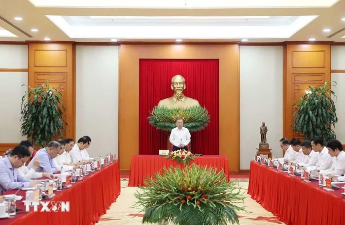 Tổng Bí thư Tô Lâm chủ trì cuộc làm việc với Đảng ủy Bộ Ngoại giao và các cơ quan liên quan chiều 15/9/2025 tại Trụ sở Trung ương Đảng. (Ảnh: Thống Nhất/TTXVN)
