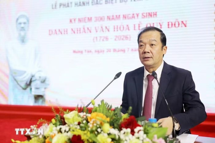 Ông Phạm Đức Long, Thứ trưởng Bộ Khoa học và Công nghệ, phát biểu tại lễ phát hành bộ tem. (Ảnh: Thế Duyệt/TTXVN)