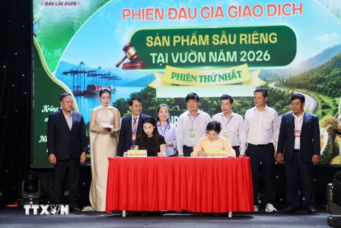 Doanh nghiệp trúng đấu giá ký kết hợp đồng mua bán với nông dân tại chương trình. (Ảnh: Hoài Thu/TTXVN)