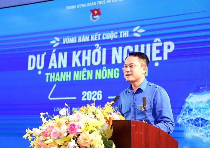 Bí thư Trung ương Đoàn, Phó Chủ tịch Thường trực Trung ương Hội Liên hiệp Thanh niên Việt Nam Nguyễn Kim Quy phát biểu tại lễ khai mạc vòng bán kết khu vực phía Bắc. (Ảnh: Vietnam+)