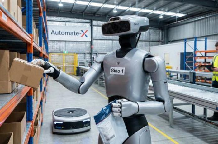 Robot hình người Gino 1 của Geek+ làm việc trong kho hàng. Ảnh: AutomateX
