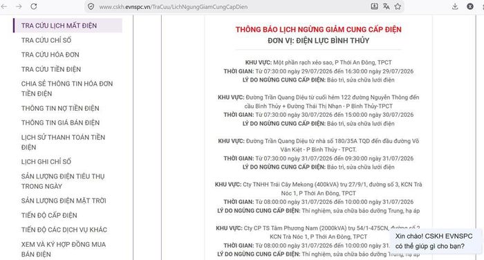 Lịch ngừng cấp điện tại Cần Thơ ngày mai 31/7 được cập tại website của EVNSPC cập nhật lúc 10h33 ngày 30/7. Ảnh: BNEWS phát