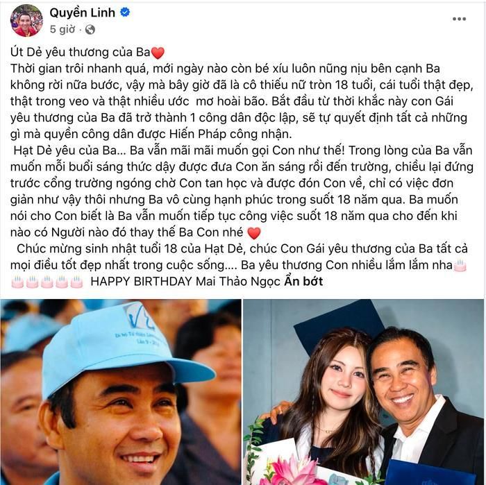 Tâm thư Quyền Linh nhắn gửi con gái. Ảnh: Chụp màn hình FBNV