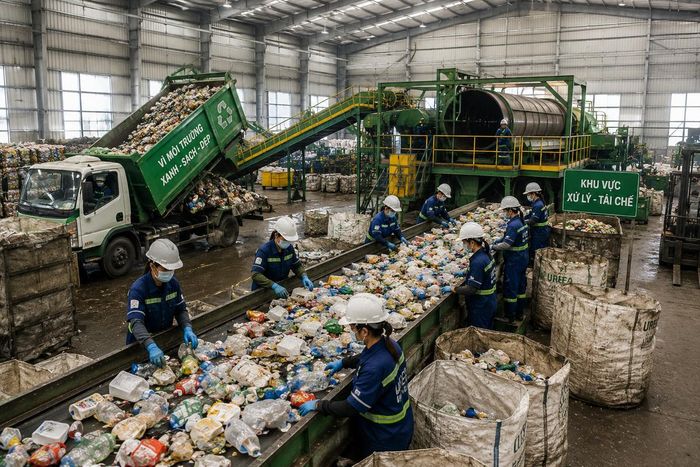 Dây chuyền thu gom, phân loại và tái chế chất thải tại một nhà máy xử lý. Ảnh minh họa