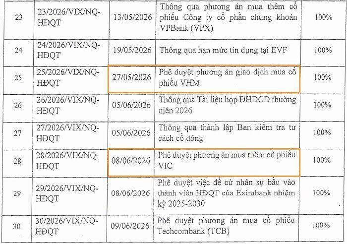 HĐQT phê duyệt phương án mua/mua thêm VHM và VIC. (Nguồn: Báo cáo quản trị bán niên 2025 của VIX).