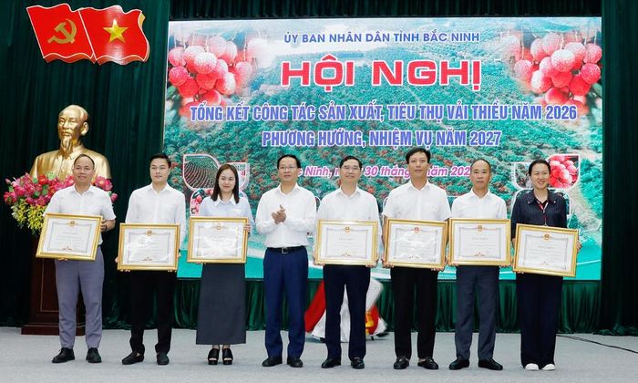  Đồng chí Phạm Văn Thịnh trao Bằng khen của Chủ tịch UBND tỉnh cho các tập thể có thành tích xuất sắc trong sản xuất và tiêu thụ vải thiều năm 2026. 