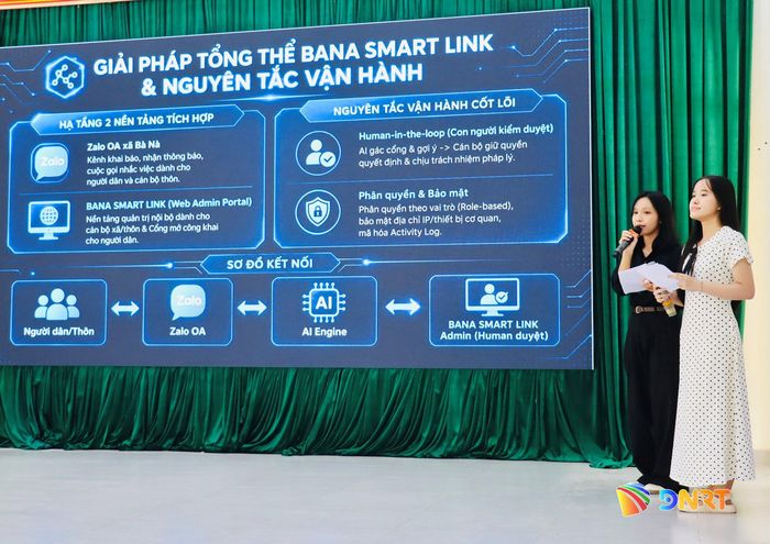 Đại diện một đội thi trình bày giải pháp tổng thể và nguyên tắc vận hành BaNa Smart Link. Ảnh: QUỐC TUẤN