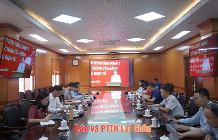 Quang cảnh hội nghị tại điểm cầu Tỉnh ủy Lai Châu.