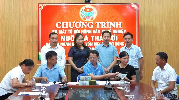 Đồng chí Nguyễn Thị Phương Đông cùng các đại biểu trao vốn hỗ trợ và chứng kiến 10 hộ dân ký nhận vốn vay từ Quỹ Hỗ trợ nông dân tỉnh Lào Cai.