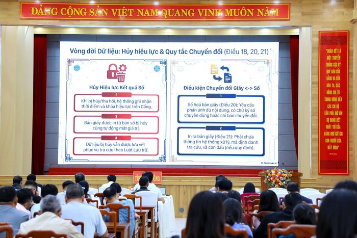 Các đại biểu Lâm Đồng theo dõi hướng dẫn đối với việc giải quyết thủ tục hành chính của Đảng trên môi trường điện tử