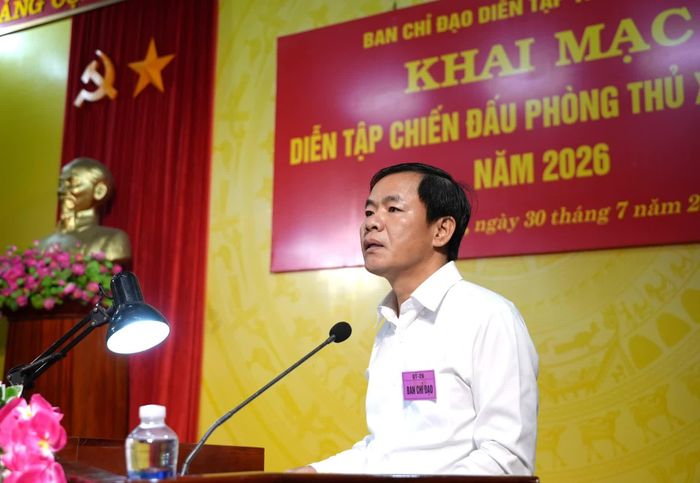 Đồng chí Nguyễn Văn Phương, Bí thư Tỉnh ủy, Trưởng ban Chỉ đạo phát biểu chỉ đạo khai mạc diễn tập - Ảnh: T.Đ