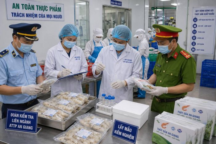 Lực lượng liên ngành tỉnh An Giang lấy mẫu giám sát chất lượng thực phẩm và kiểm tra quy trình đóng gói chế biến tại doanh nghiệp địa phương. (Ảnh minh họa)