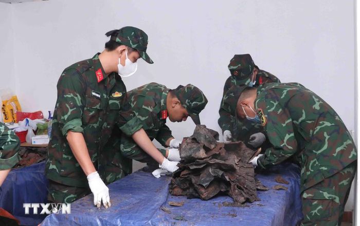 Các quy trình sau khi khai quật hài cốt liệt sĩ tại công viên Lê Thị Riêng được thực hiện cẩn thận, tỉ mỉ, khoa học, đảm bảo an toàn. Ảnh: Xuân Khu/ TTXVN