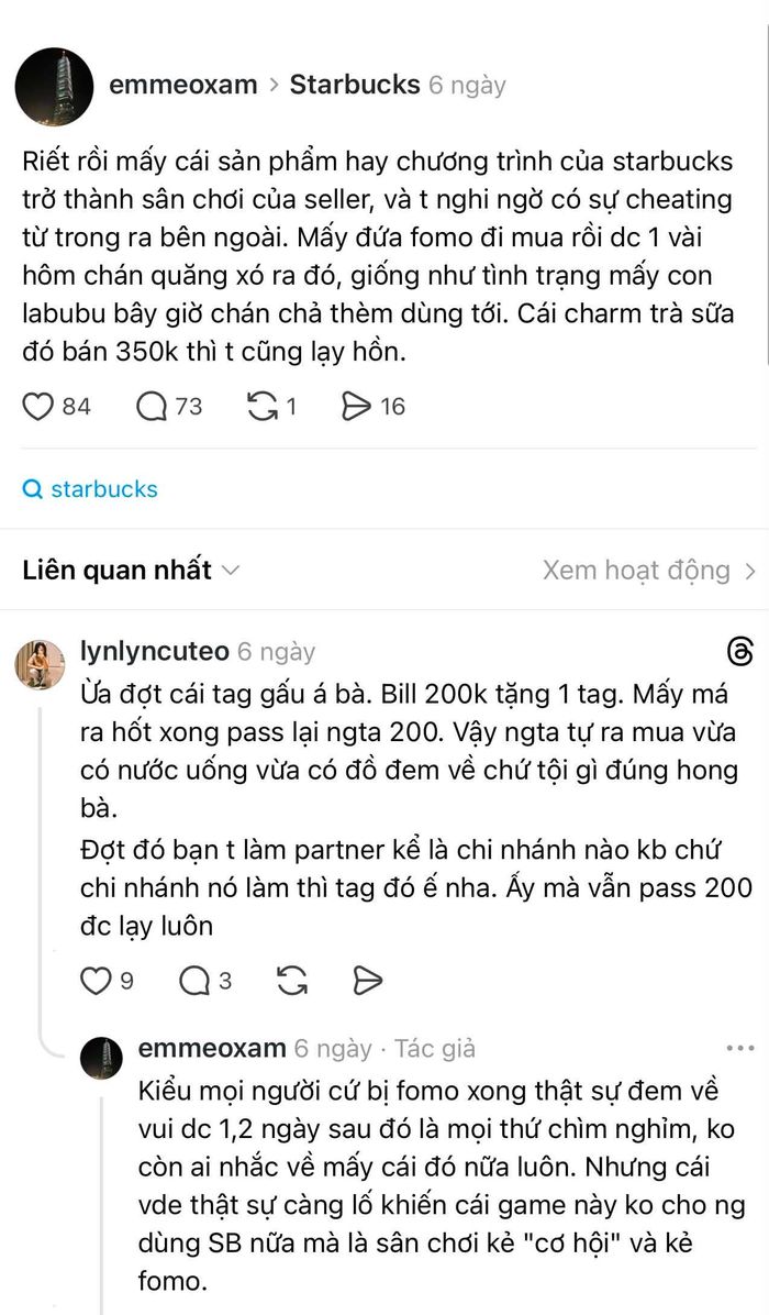 Một số ý kiến về các chương trình quà tặng của Starbucks Việt Nam