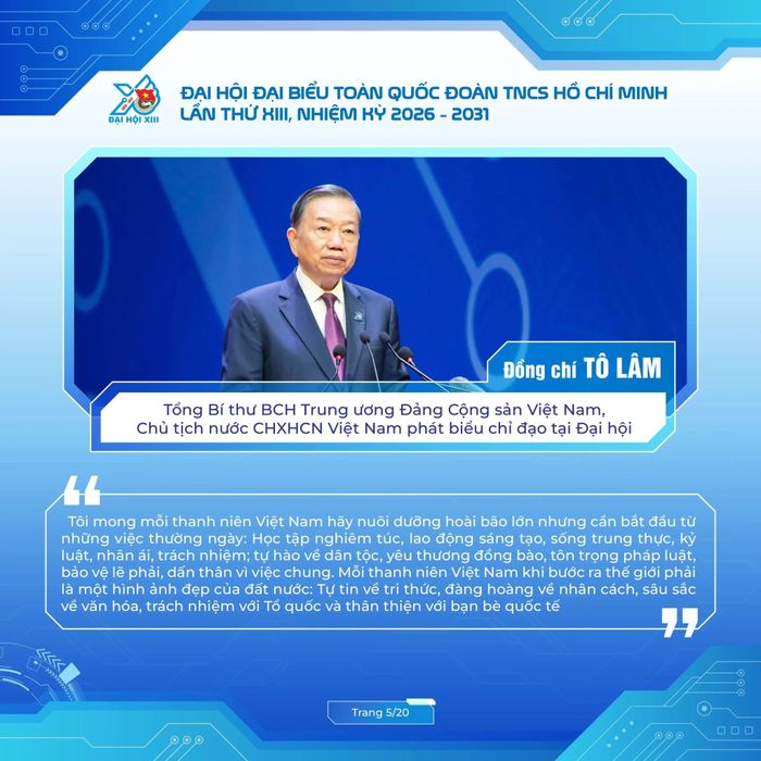 Bộ infographic cũng điểm lại quy mô đại hội; những chỉ đạo quan trọng của Tổng Bí thư, Chủ tịch nước Tô Lâm; 5 yêu cầu đối với công tác Đoàn và phong trào thanh thiếu nhi trong giai đoạn mới; các diễn đàn thảo luận cùng những mục tiêu, chỉ tiêu, nhiệm vụ và giải pháp trọng tâm của nhiệm kỳ 2026 - 2031.