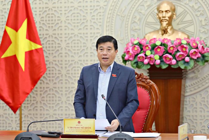 Bí thư Tỉnh ủy, Trưởng Đoàn ĐBQH tỉnh Lâm Đồng Y Thanh Hà Niê Kđăm phát biểu tại cuộc họp. Ảnh: Chính Thành