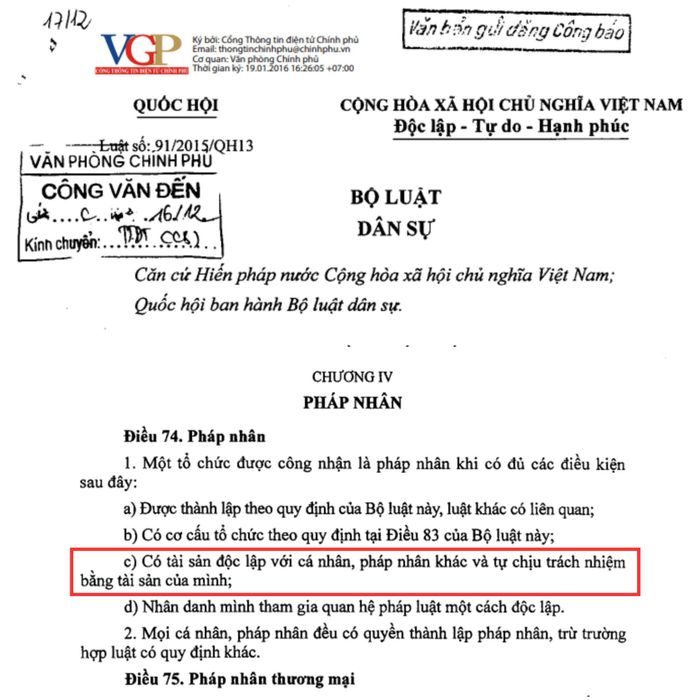 Nội dung Điều 74 Bộ luật Dân sự 2015. Ảnh: Văn bản Luật tại Cổng Thông tin điện tử Chính phủ.