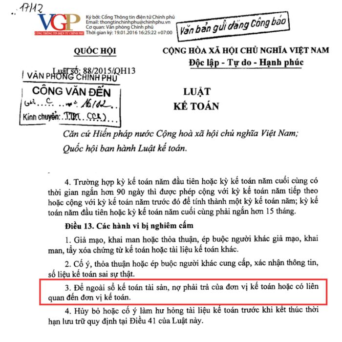 Nội dung Điều 13 Luật Kế toán 2015. Ảnh: Văn bản Luật tại Cổng Thông tin điện tử Chính phủ.