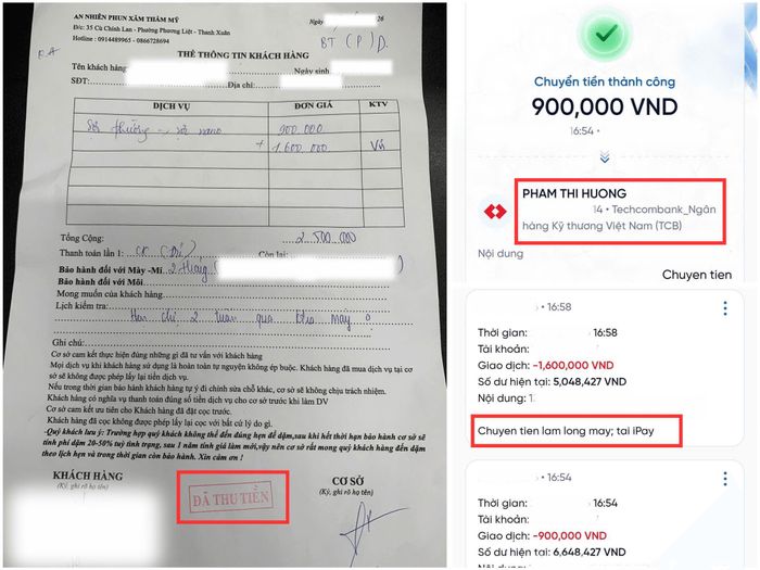 Thẻ thông tin khách hàng viết tay từ phía cơ sở và hoạt động thanh toán tới tài khoản cá nhân mang tên Phạm Thị Hương. Ảnh: Khách hàng của cơ sở cung cấp.