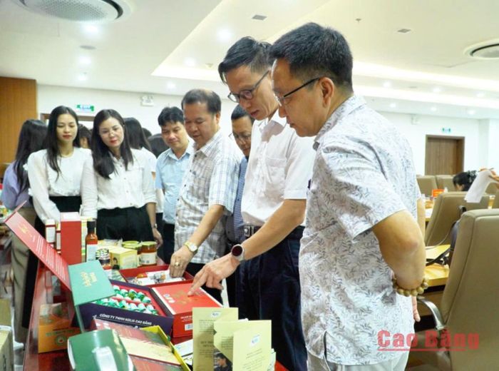 Các đại biểu tham quan gian hàng trưng bày sản phẩm tiêu biểu của Cao Bằng tại hội nghị.