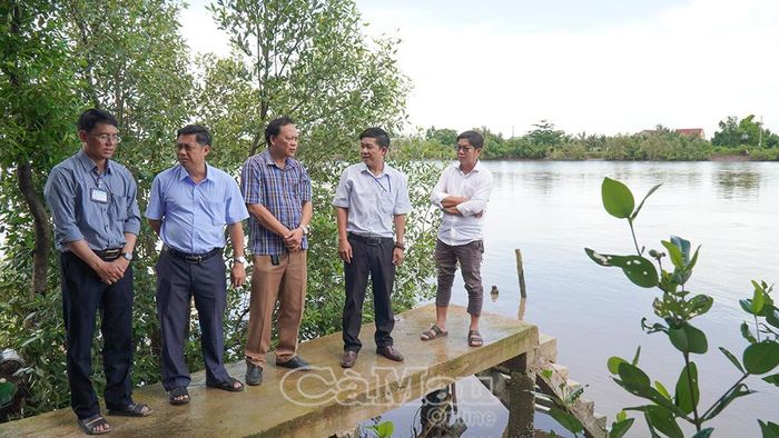 Chi cục Thủy lợi tỉnh phối hợp cùng địa phương khảo sát thực tế hiện trường sạt lở tại ấp Cái Keo, xã Định Thành.